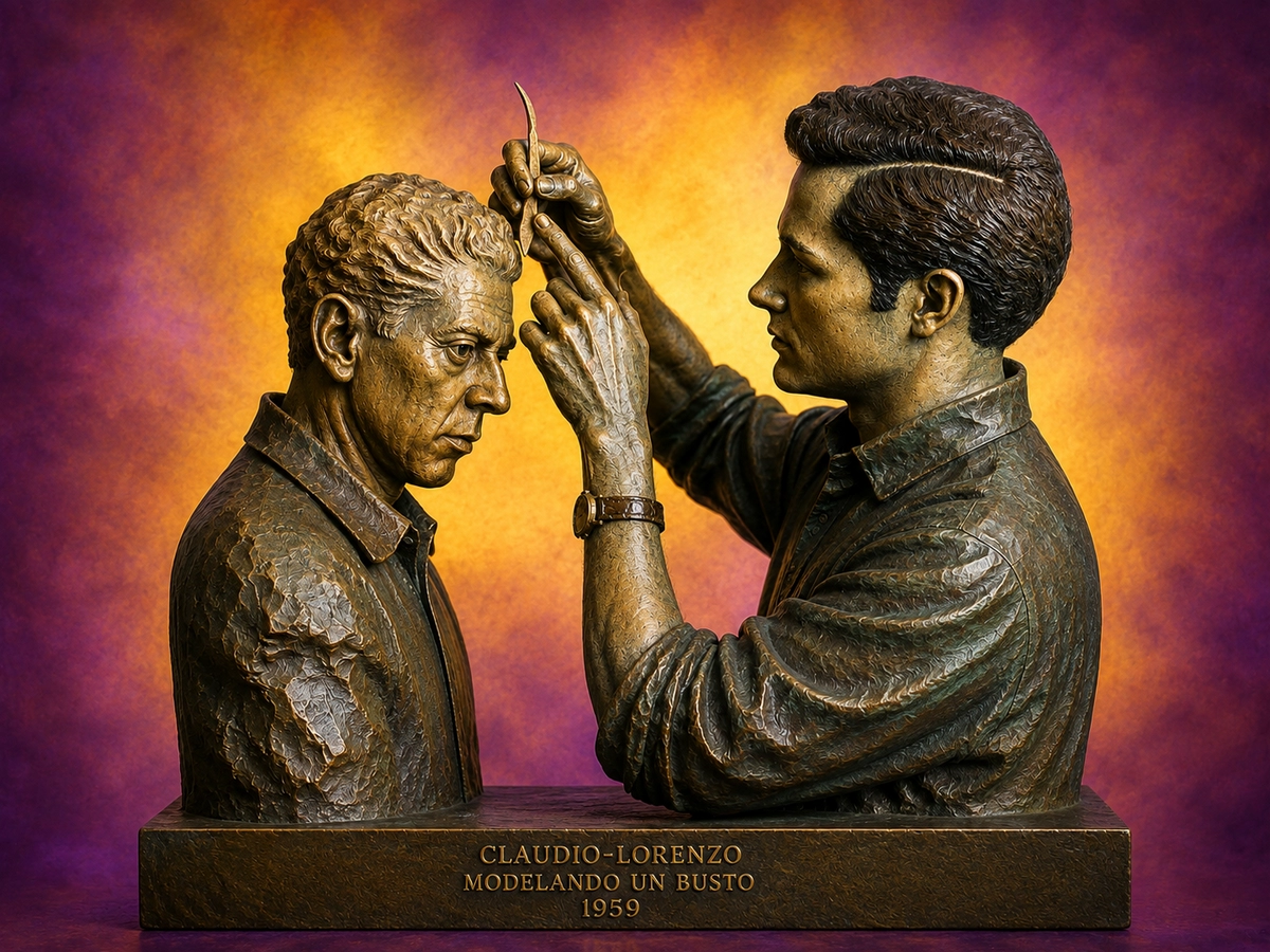 Claudio Lorenzo modelando un busto, 1959